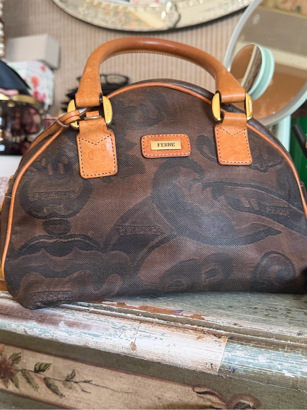 GIANFRANCO FERRE SMALL Patterned Dome Satchel -cognac LEATHER TRIM. VINTAGE